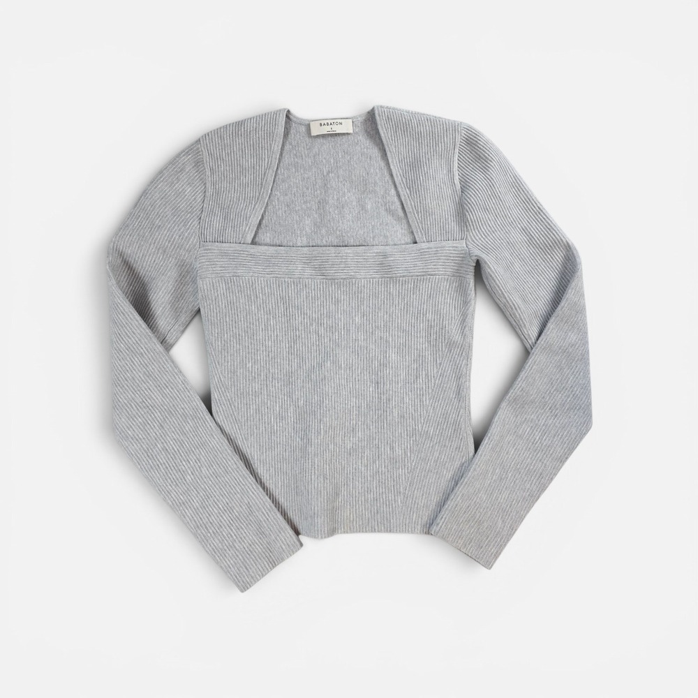 Babaton‎ Womens Small Grey Ribbed Knit Grid Long Sleeve Square Neck Top Aritzia
